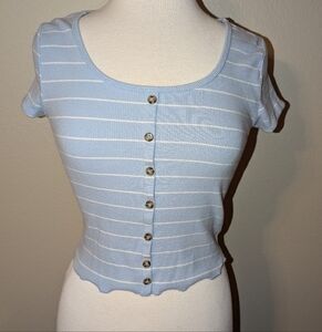 Pink rose crop top - blue & white stripes - medium - baby tee - lettuce trim